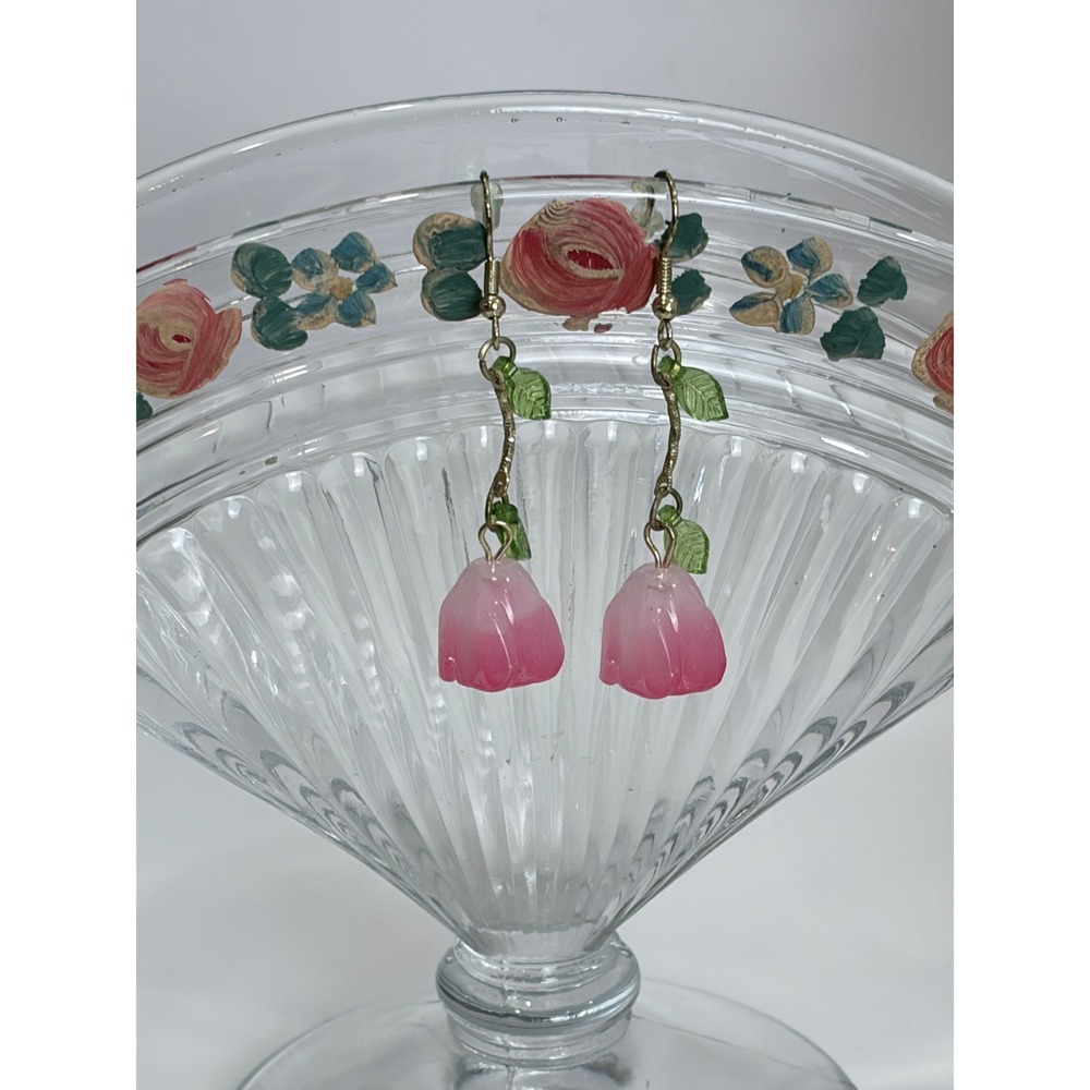 Pink Tulip Floral Drop Earrings Gold Tone Green Leaf Dangle‎ Botanical
